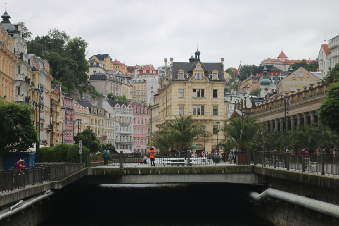 Downtown Karlovy Vary with picturesque colored homes framing the river