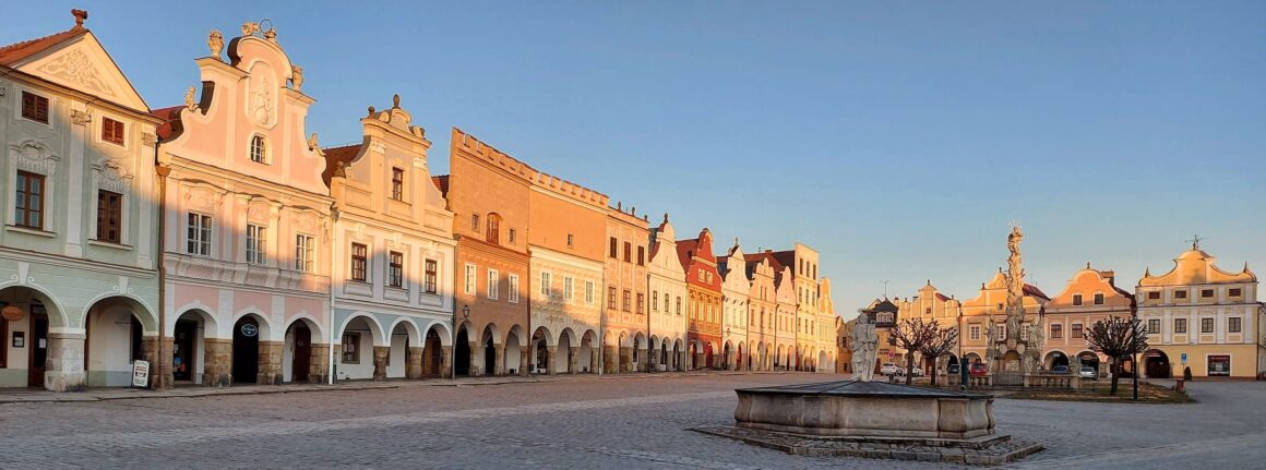 The downtown area of Telc, famous for its colored houses.