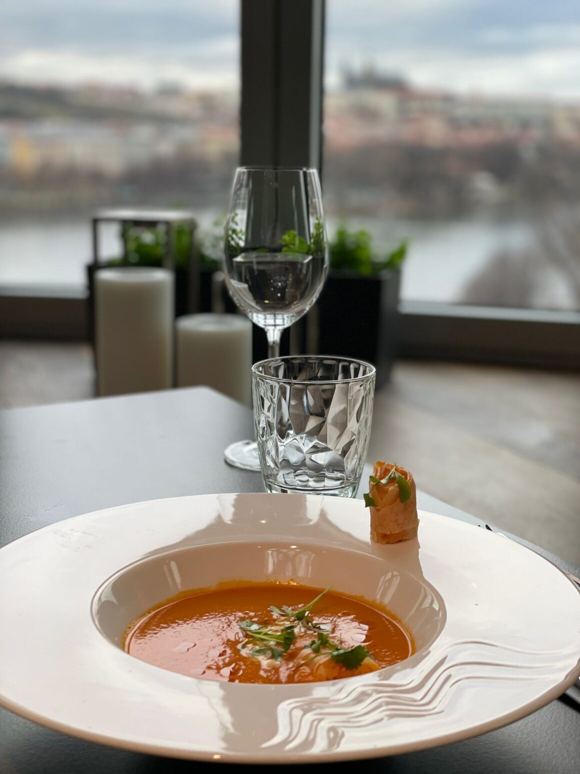 A dinner meal at Ginger & Fred, a restaurant at the top of Dancing House in Prague
