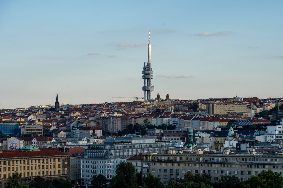 The radio tower in Zizkov towers above Prague 