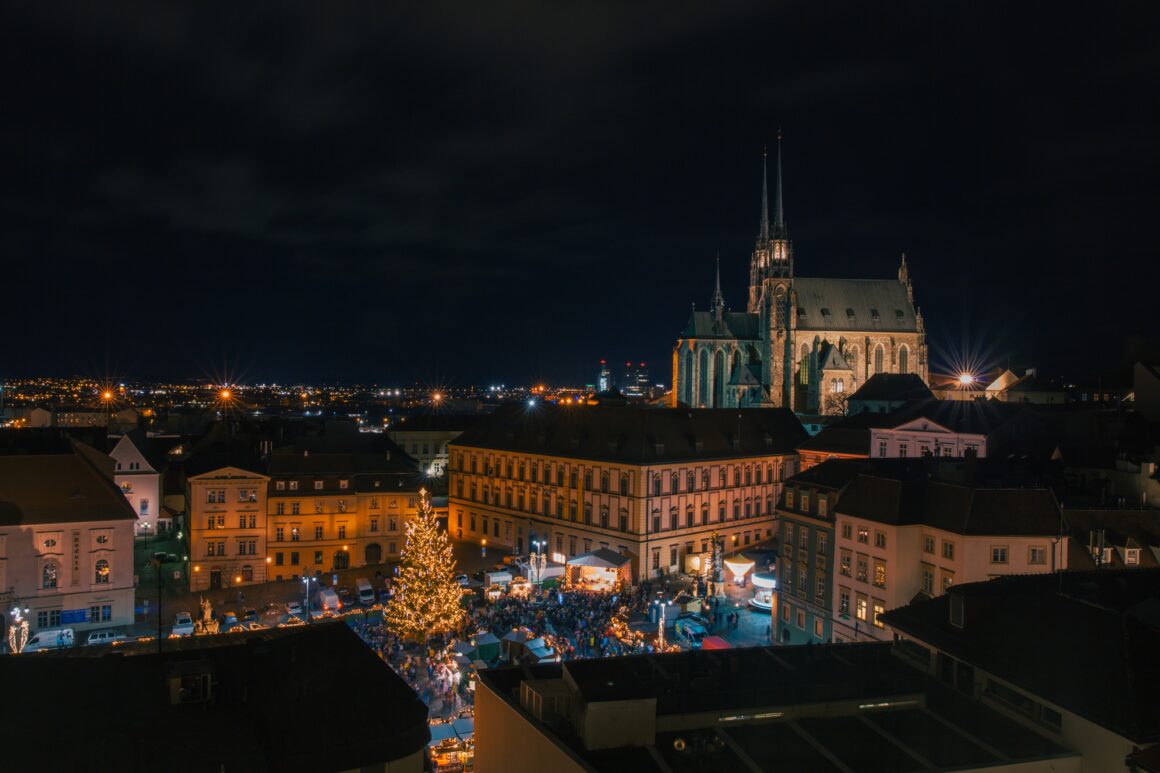 The Christmas market in Brno in the square under the castle, one of the many famous Czech Christmas markets in December
