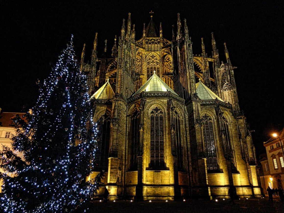 Prague Castle with a Christmas tree in front, one of the many Czech Christmas markets 