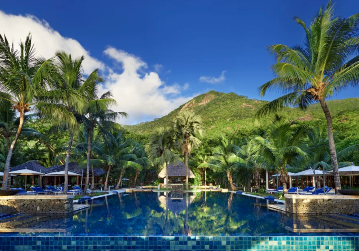 The pool area at the Hilton Seychelles Labriz Resort & Spa.