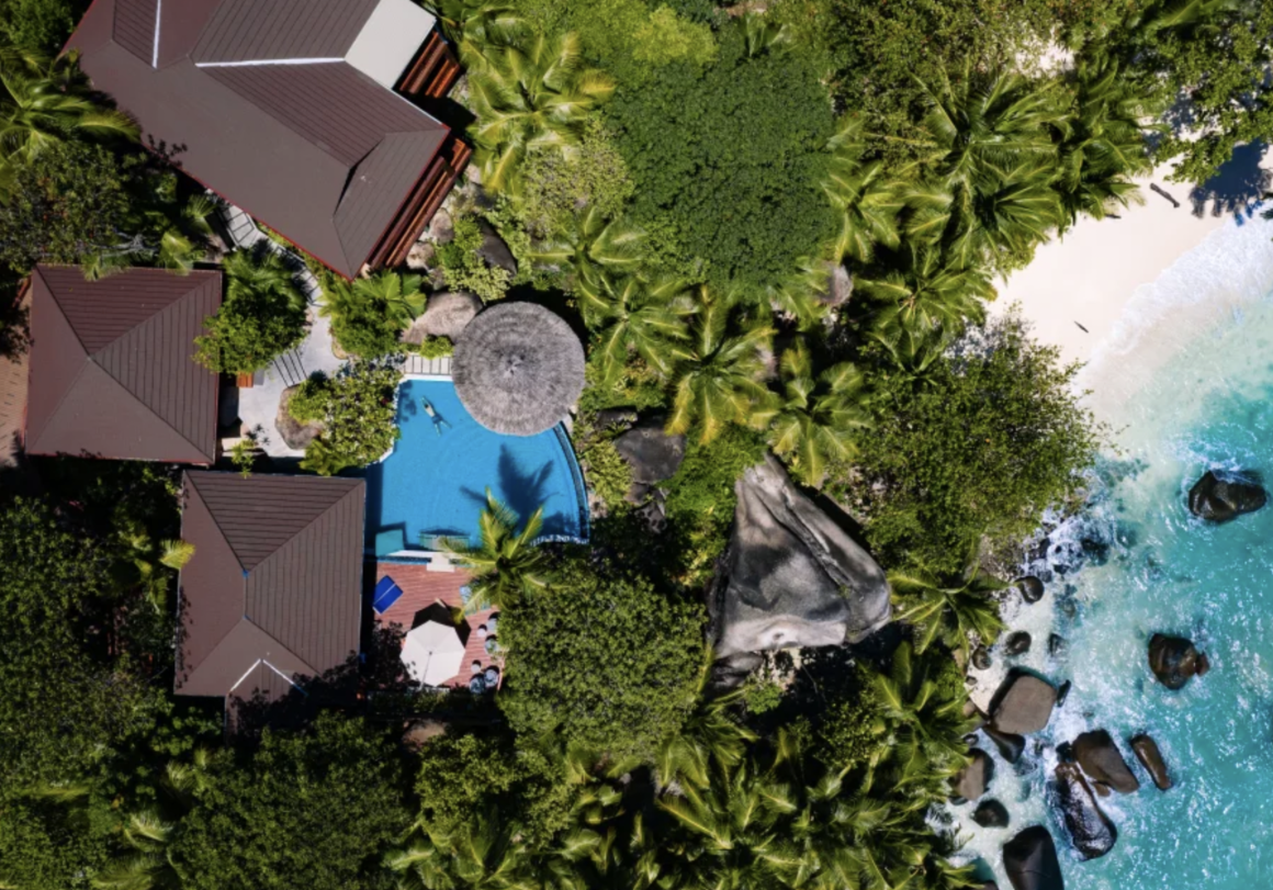 An aerial view of the luxury accommodations at Hilton Seychelles Labriz Resort & Spa.