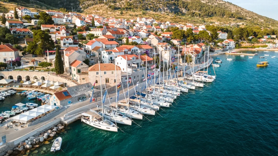 yachts docked in Bol during the Yacht Week Croatia