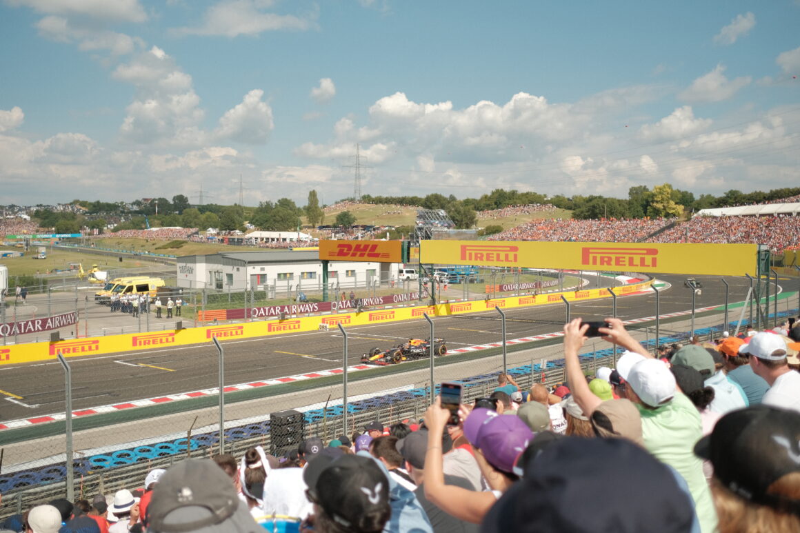 Formula 1 cars race at the Hungarian Grand Prix