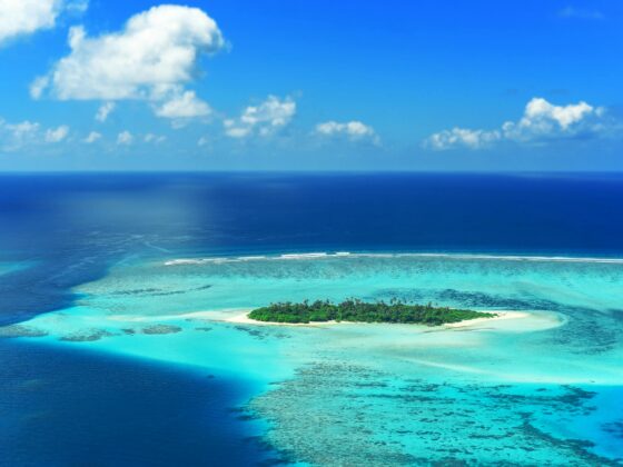 The beautiful blue waters of the Maldives islands, best visited during December to February, one of the best times to visit the Maldives