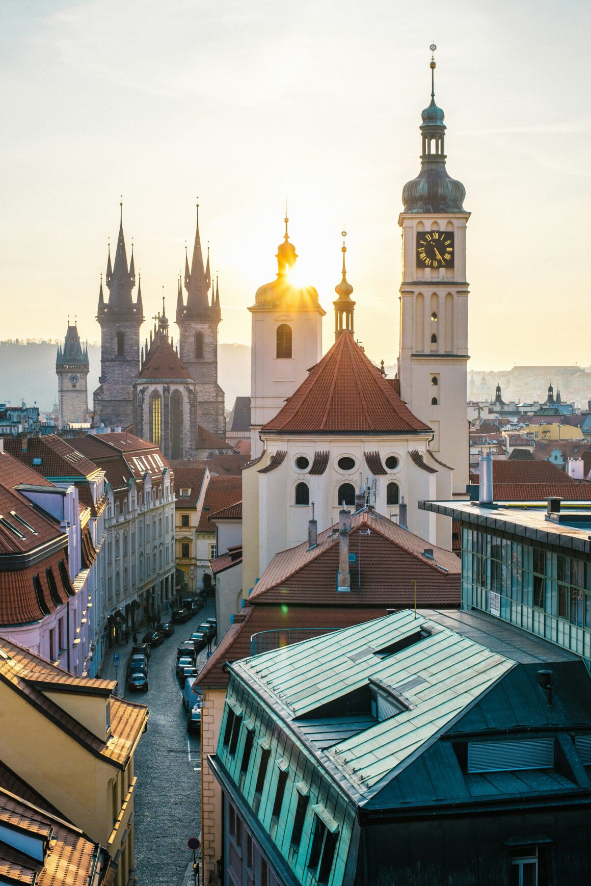 The sun strikes the church in Prague Czech Republic 