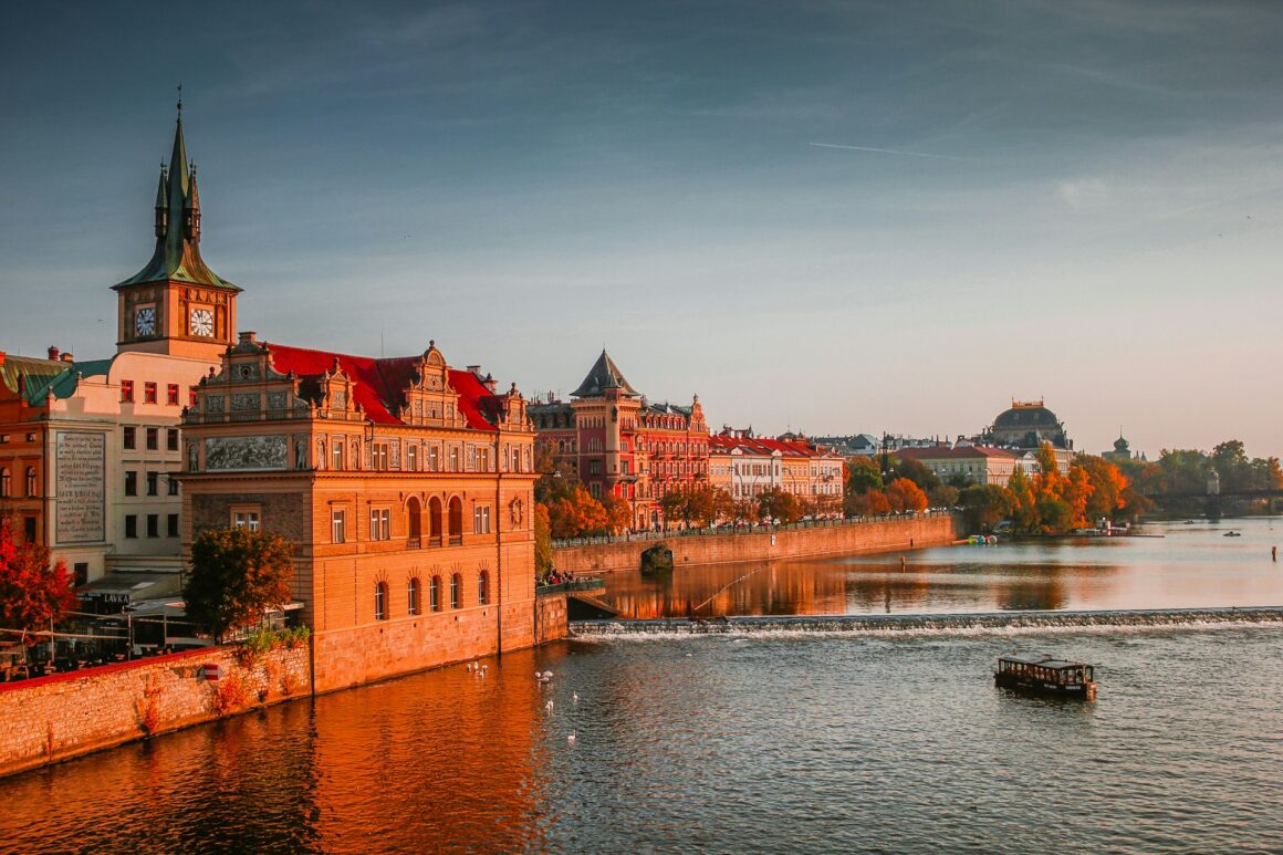 Sunset along the Charles Bridge in Prague, Czech Republic