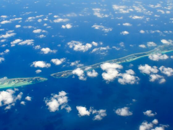 An aerial photo of the Maldives and the tiny islands that make up the nation in the indian ocean