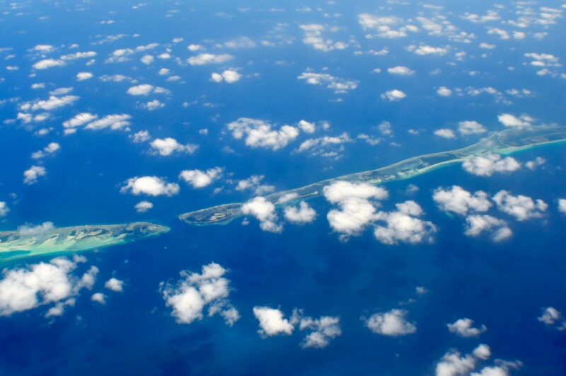 An aerial photo of the Maldives and the tiny islands that make up the nation in the indian ocean